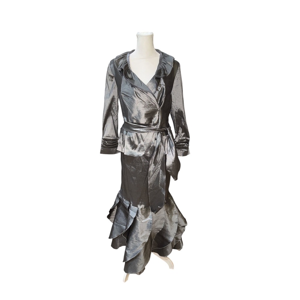 Moshita Couture Silver Metallic Ruffle Skirt Set Formal Evening Mermaid Gown 12